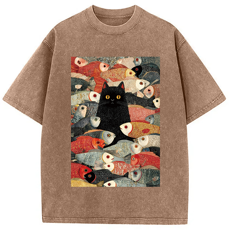 Modecanvas Black Cat Koi Fish Washed T-Shirt-modecanvas