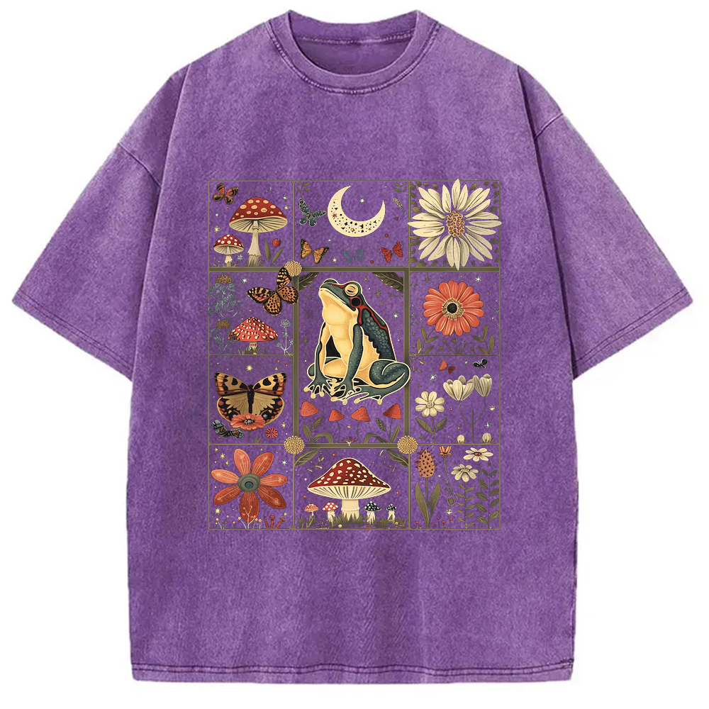 Modecanvas Celestial Frog Goblincore Mushroom Washed T-Shirt-modecanvas