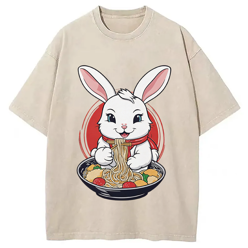 Modecanvas Cute Kawaii Rabbit Eating Ramen DTG Printing Washed T-Shirt