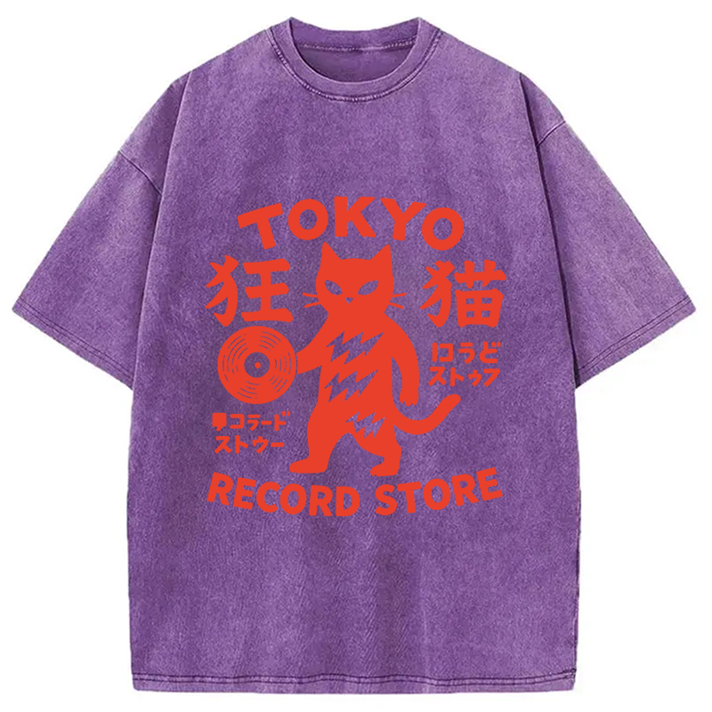 Modecanvas Tokyo Record Store Cat DTG Printing Washed T-Shirt