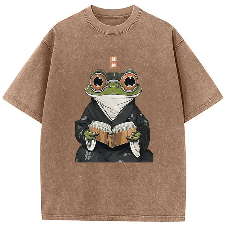 Modecanvas Frog Reading Washed T-Shirt