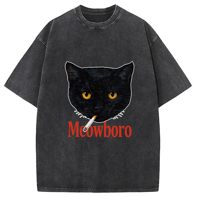 Modecanvas Smoking Black Cat Vintage Washed T-Shirt-modecanvas
