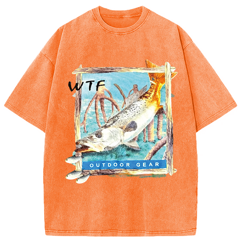 Modecanvas Funny WTF Fishing Fish DTG Printing Washed T-Shirt