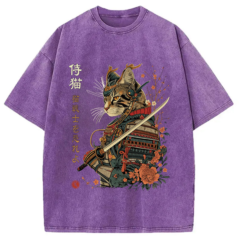 Modecanvas Japanese Samurai Cat DTG Printing Washed T-Shirt-modecanvas