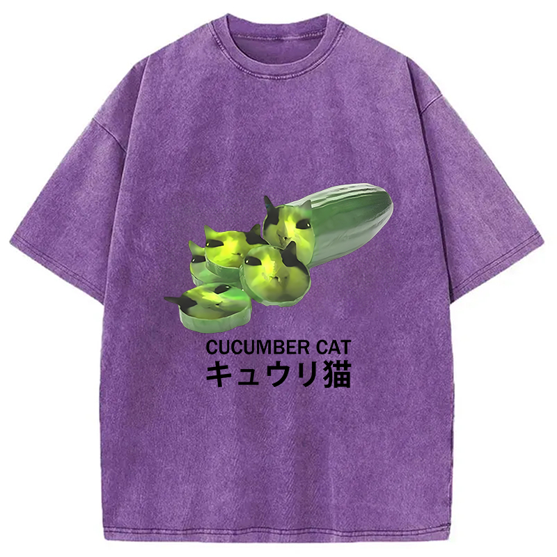 Modecanvas Funny Cucumber Cat Meme Washed T-Shirt