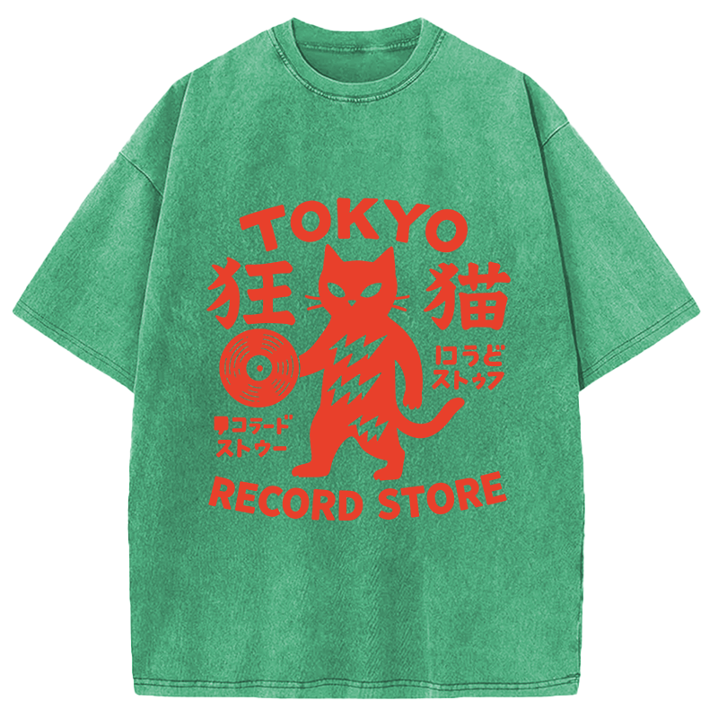 Modecanvas Tokyo Record Store Cat DTG Printing Washed T-Shirt