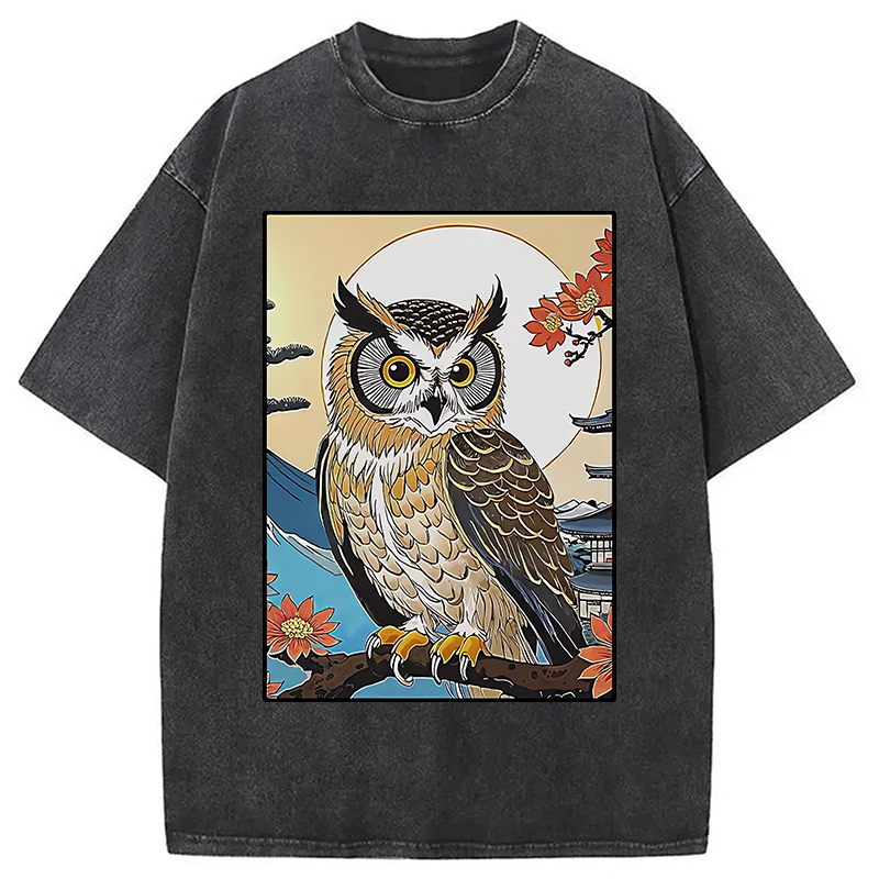 Modecanvas Owl Ukiyo-e Washed T-Shirt