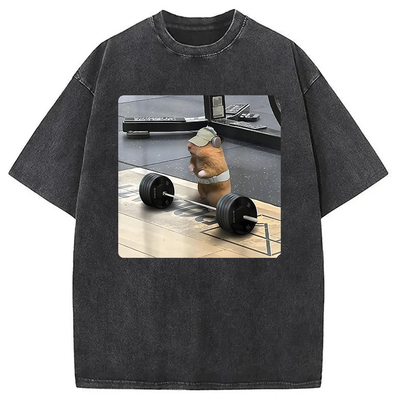 Modecanvas Funny Cute Rat Weightlifting Meme Washed T-Shirt-modecanvas