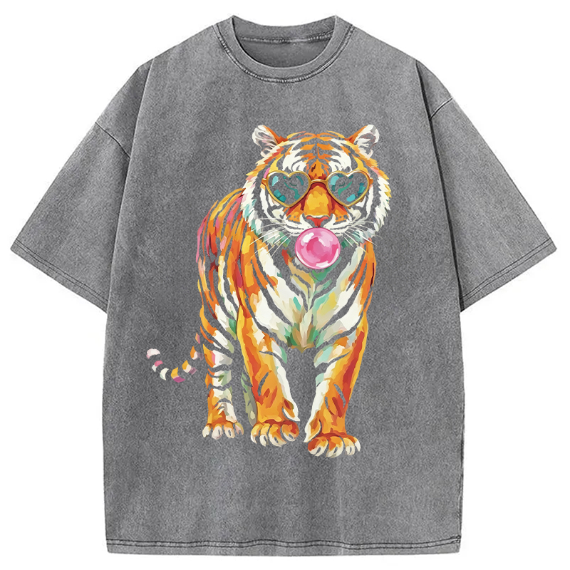 Modecanvas Tiger Cute Animal DTG Printing Washed T-Shirt