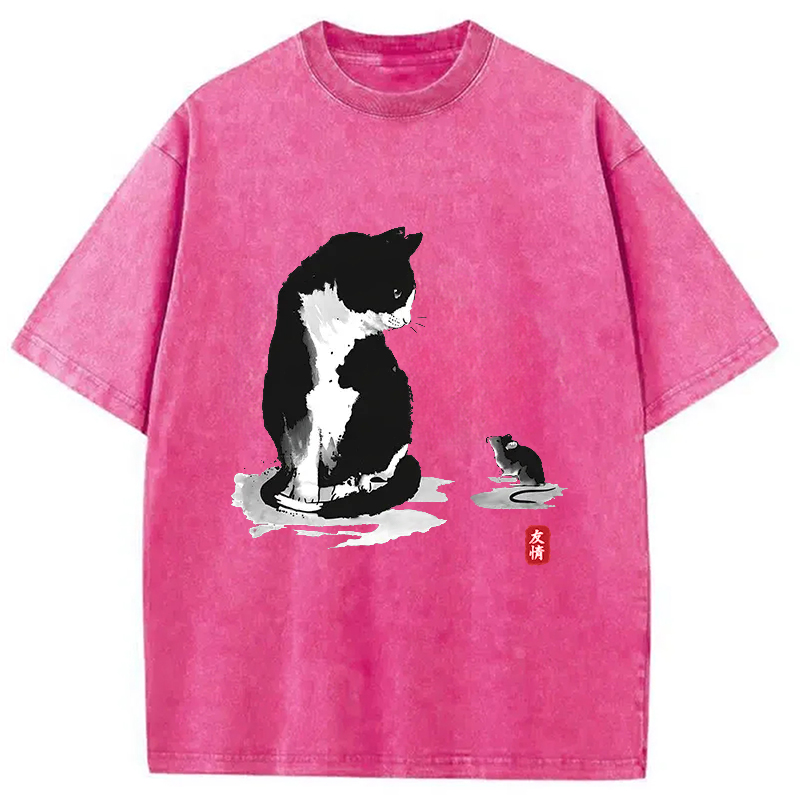 Modecanvas Cat And Mouse Friendship Washed T-Shirt
