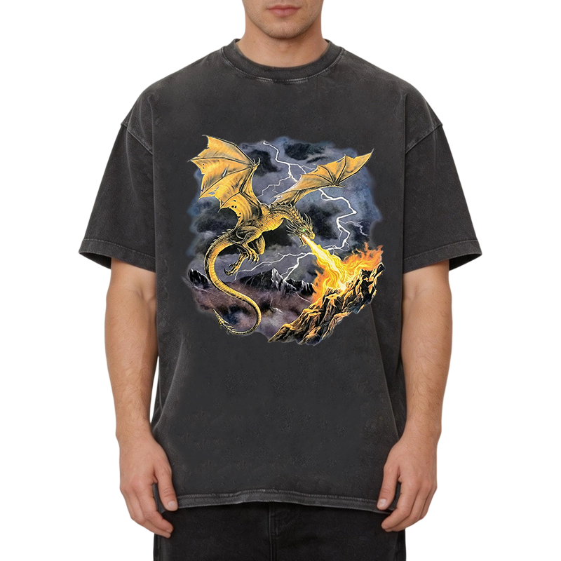 Modecanvas Vintage Dragon DTG Printing Washed T-Shirt
