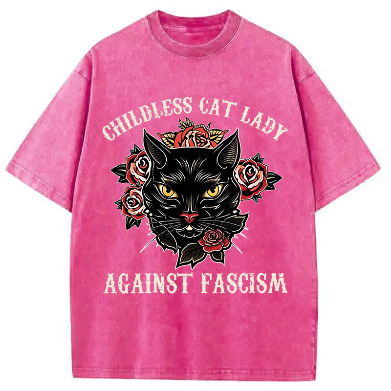 Modecanvas Childless Cat Lady Against Fascism Funny Cat Meme DTG Printing Washed T-Shirt