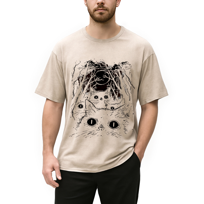 Modecanvas Black Cats Vintage DTG Printing Washed T-Shirt