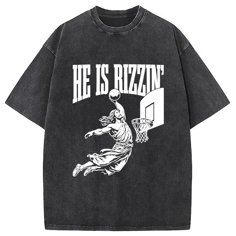Modecanvas He Is Rizzin Funny Jesus Basketball Meme Washed T-Shirt-modecanvas