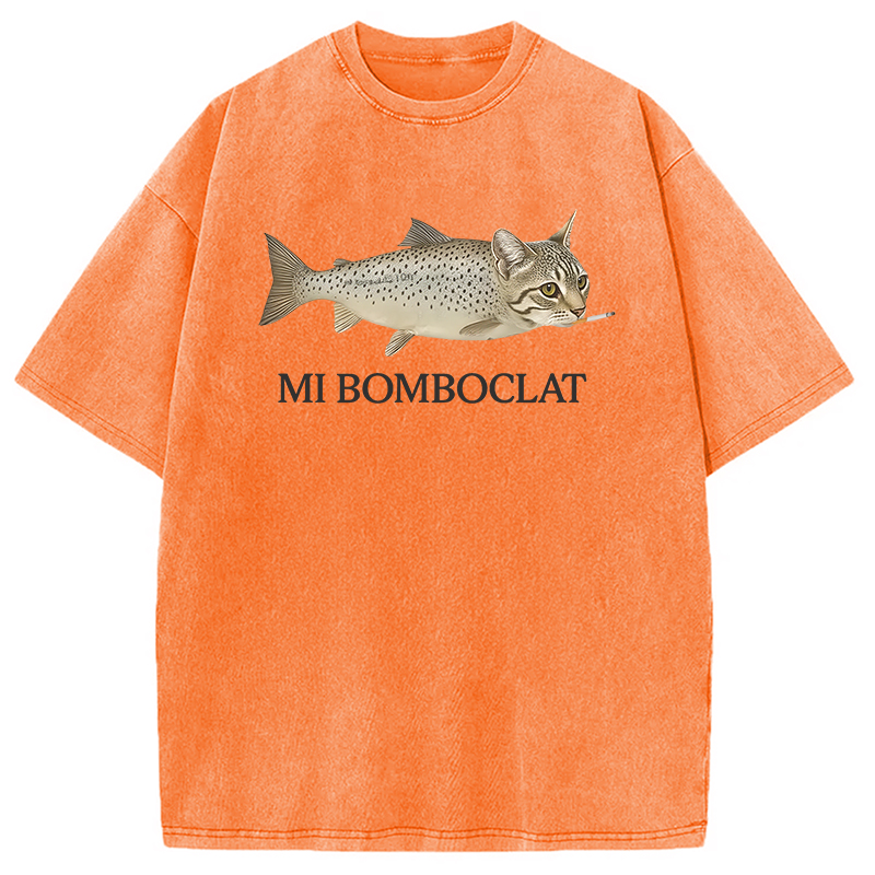 Modecanvas Bomboclat Fish Cat Meme Washed T-Shirt-modecanvas