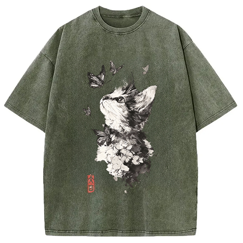 Modecanvas Butterfly and Cat Gaze DTG Printing Washed T-Shirt-modecanvas