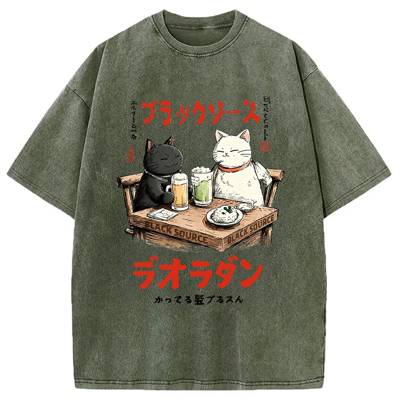 Modecanvas Funny Drinking Cat DTG Printing Washed T-Shirt
