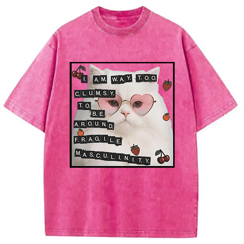 Modecanvas Funny Cat Fragile Masculinity DTG Printing Washed T-Shirt