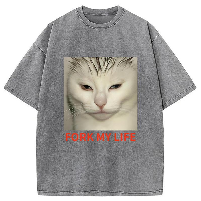 Modecanvas White Cat Fork My Life Washed T-Shirt