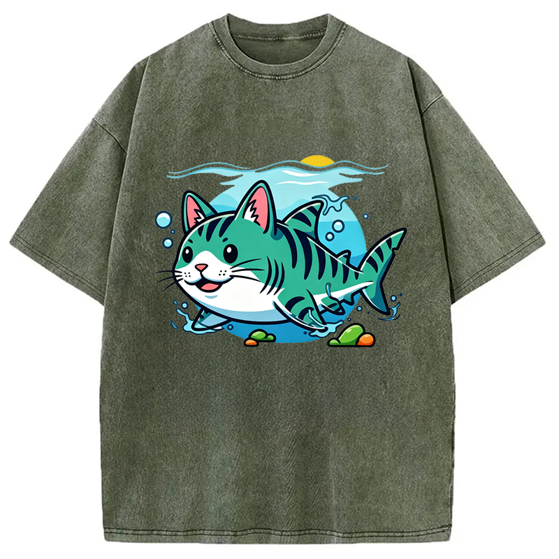 Modecanvas A Cat Shark Washed T-Shirt