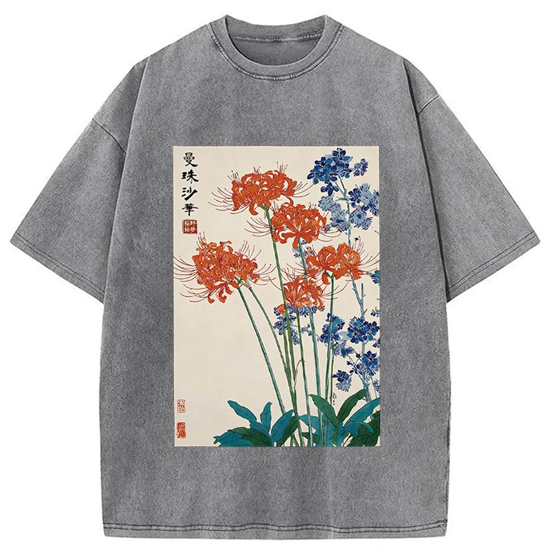 Modecanvas Red Spider Lily Bloom DTG Printing Washed T-Shirt