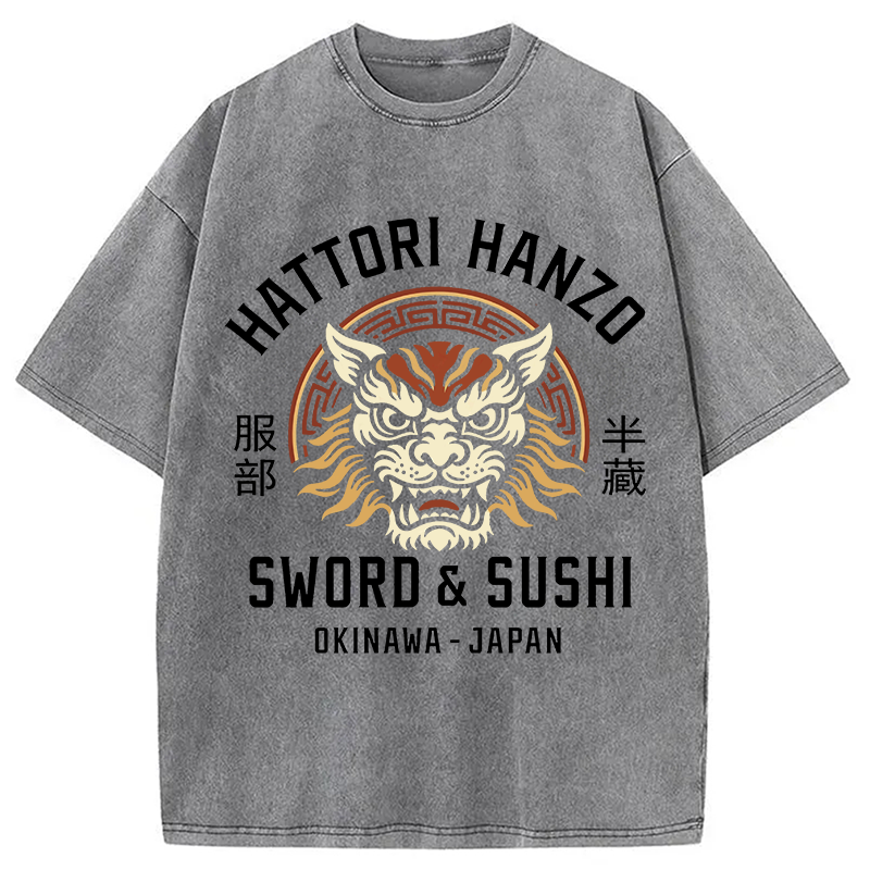 Modecanvas Hattori Lion Japanese Samurai DTG Printing Washed T-Shirt