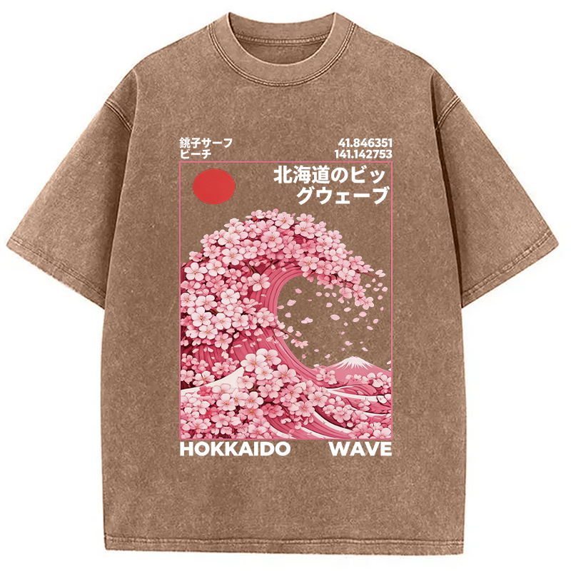 Modecanvas Hokkaido Wave Sakura Washed T-Shirt-modecanvas