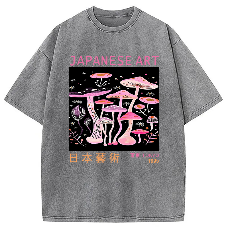 Modecanvas Japanese Art Pink Hallucinogenic Mushrooms Washed T-Shirt
