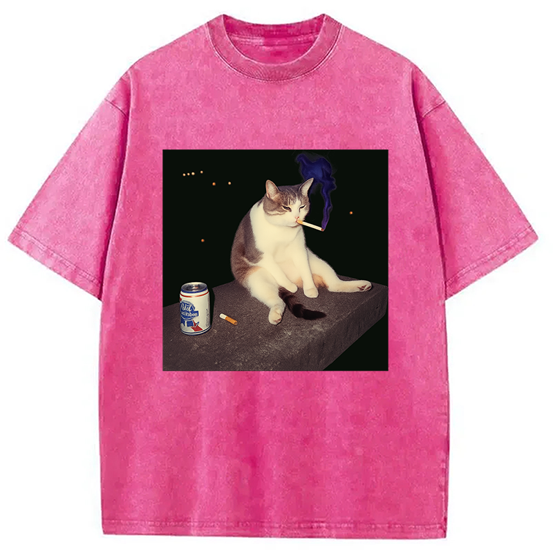 Modecanvas Cigarette Kitten Funny Smoking Cat Meme Washed T-Shirt-modecanvas