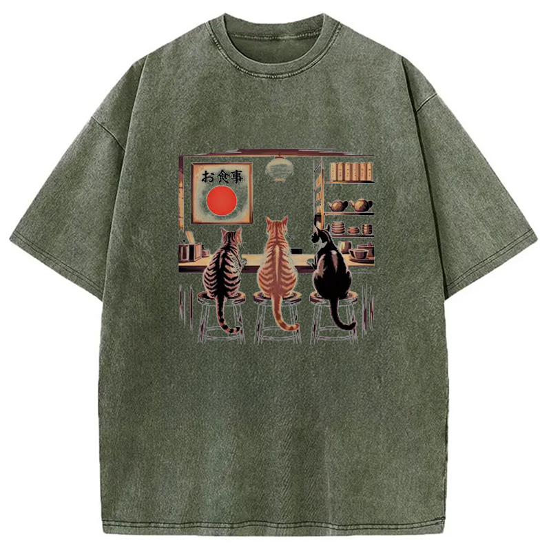 Modecanvas Kawaii Ramen Cat Washed T-Shirt