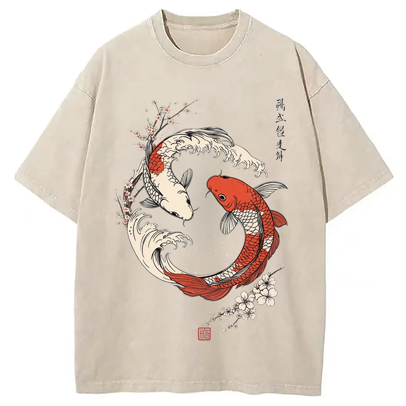 Modecanvas Koi Fish Cherry Blossoms Japanese DTG Printing Washed T-Shirt