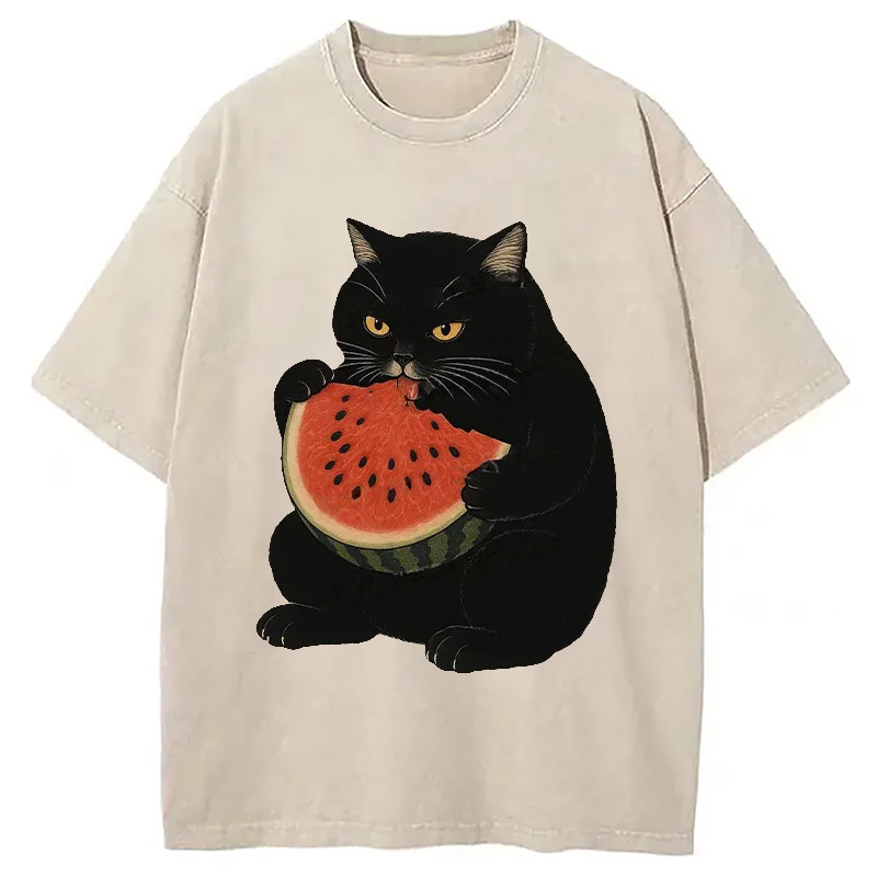 Modecanvas Black Cat Eating Watermelon Washed T-Shirt