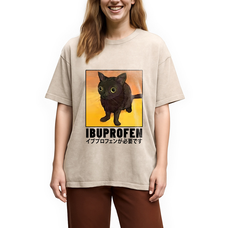 Modecanvas Ibuprofen Black Cat Washed T-Shirt