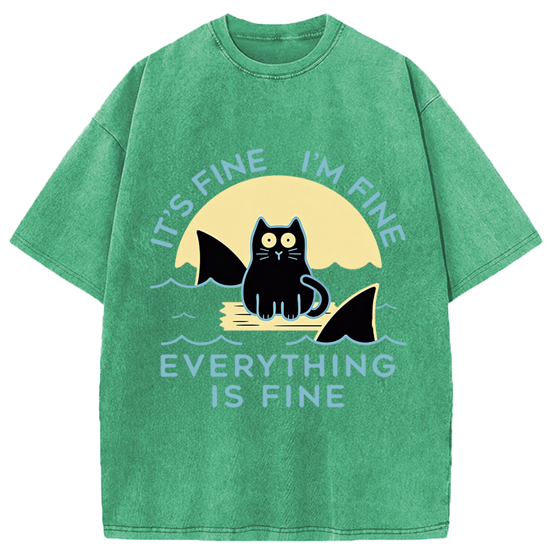 Modecanvas Everything Is Fine Cat Sea DTG Printing Washed T-Shirt