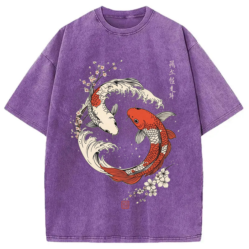 Modecanvas Koi Fish Cherry Blossoms Japanese DTG Printing Washed T-Shirt