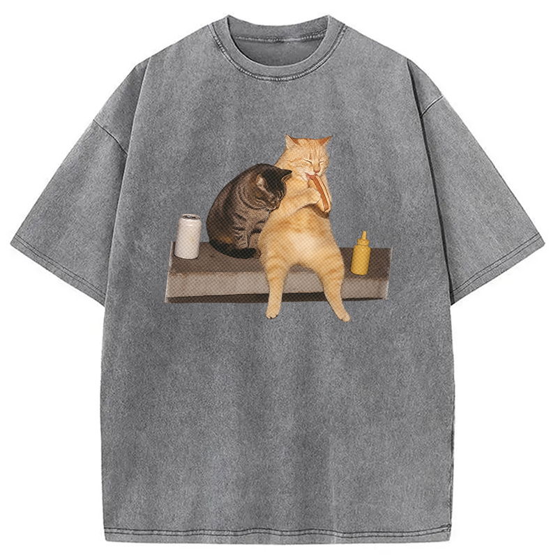 Modecanvas Cat Eating Hot Dog Washed T-Shirt