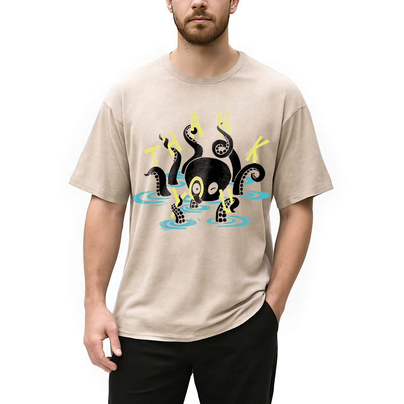 Modecanvas Octopus In Water Thank You DTG Printing Washed T-Shirt