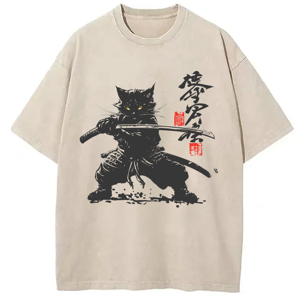 Modecanvas Samurai Cat Japanese Washed T-Shirt
