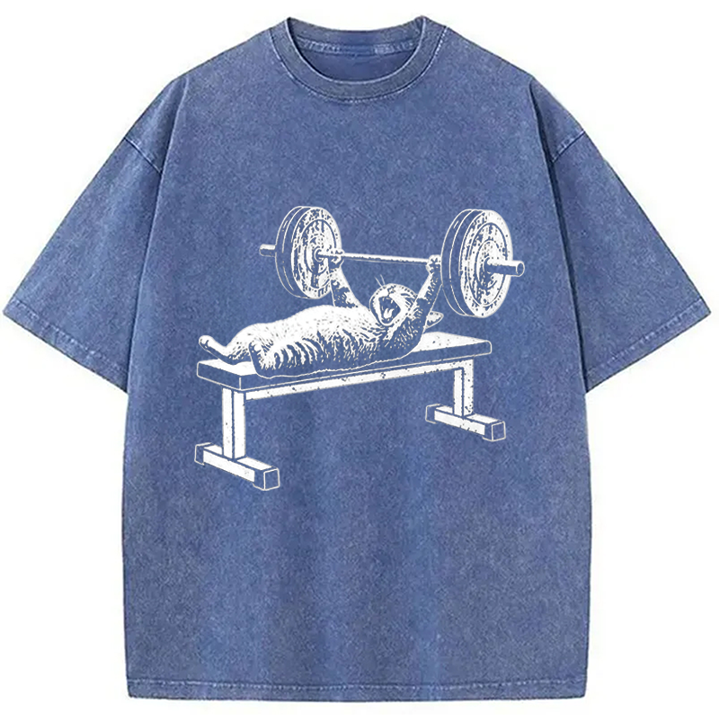 Modecanvas Funny Cat Gym DTG Printing Washed T-Shirt