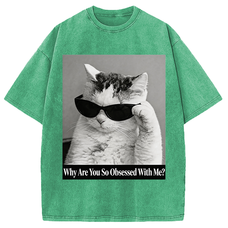Modecanvas Why Are You So Obsessed WIth Me? Cat Meme DTG Printing Washed T-Shirt