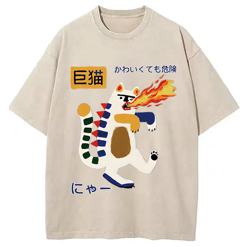 Modecanvas Fire-breathing Giant Cat DTG Printing Washed T-Shirt