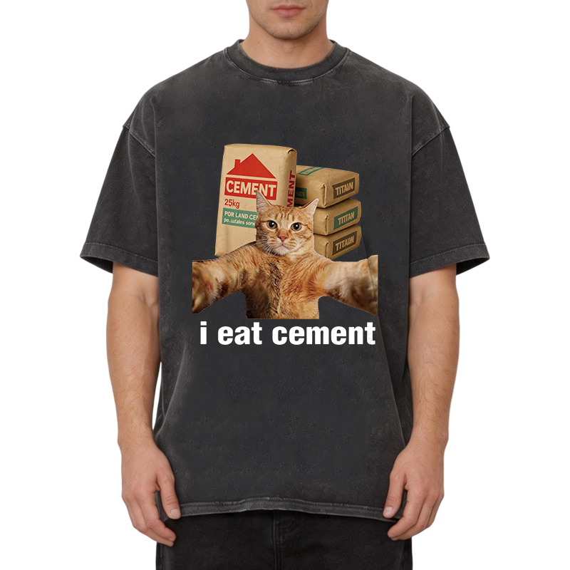 Modecanvas I EAT CEMENT Funny Cat Meme DTG Printing Washed T-Shirt