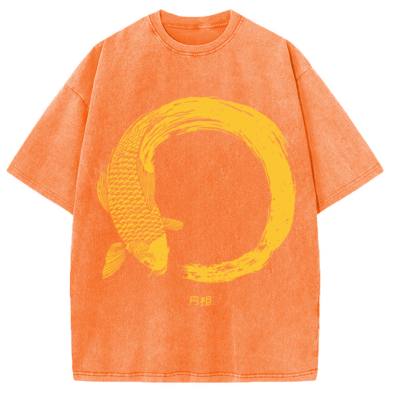 Modecanvas Orange Koi Fish Circle DTG Printing Washed T-Shirt