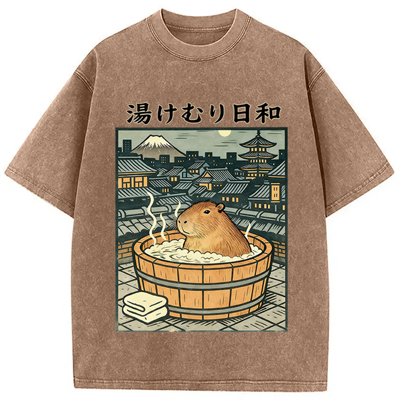 Modecanvas Capybara Bath DTG Printing Washed T-Shirt