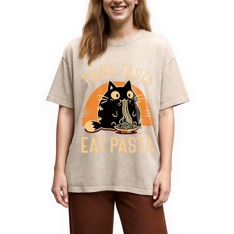 Modecanvas Funny Hungry Cat DTG Printing Washed T-Shirt