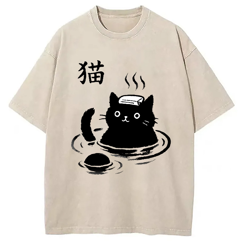 Modecanvas Cat Bathing In Hot Spring Washed T-Shirt