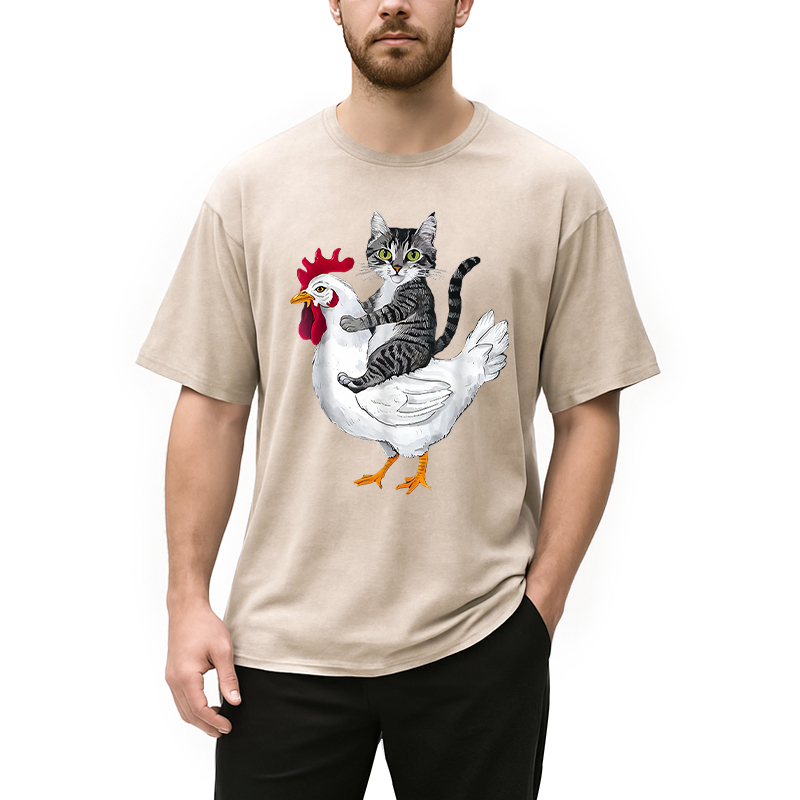Modecanvas Funny Cat Riding Chicken Washed T-Shirt
