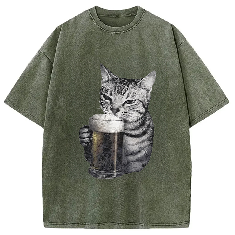 Modecanvas Cheers With The Cat Washed T-Shirt-modecanvas