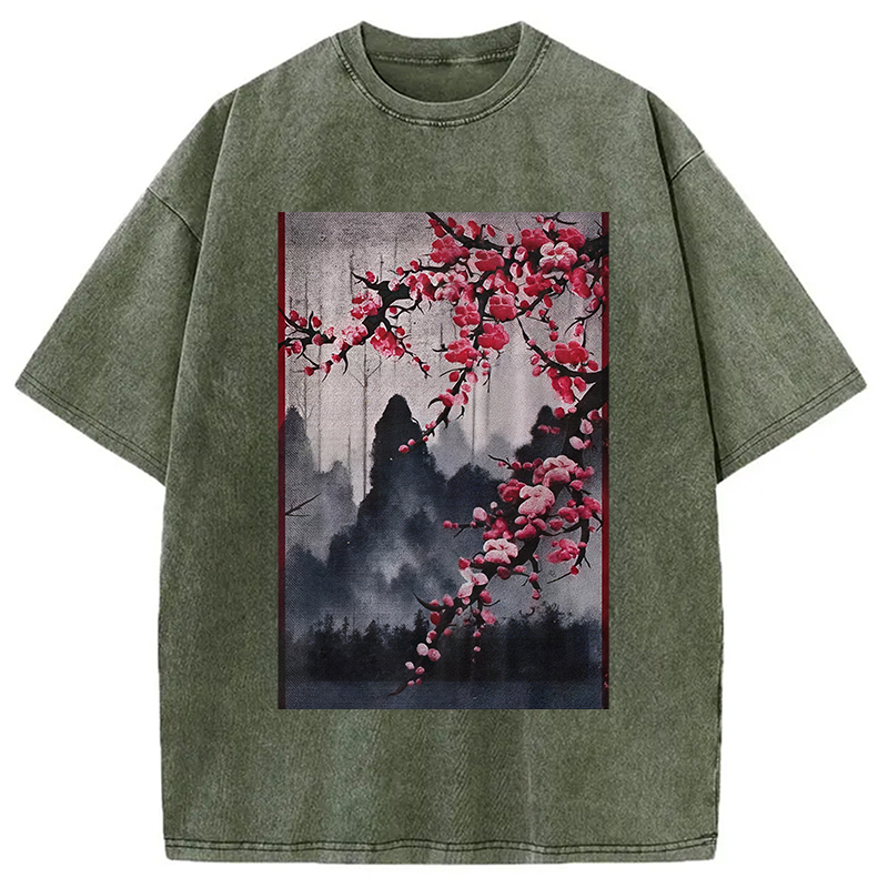 Modecanvas Cherry Blossom Woodblock Japanese Washed T-Shirt
