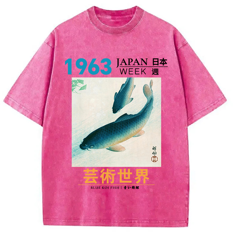 Modecanvas Blue Koi Fish DTG Printing Washed T-Shirt